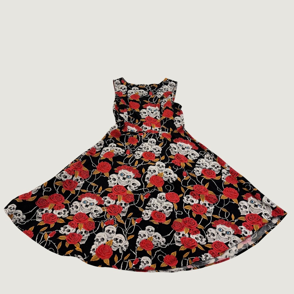 Womens Small Sugar Skull Rose Fit Flare Dress Gothic Rockabilly Halloween